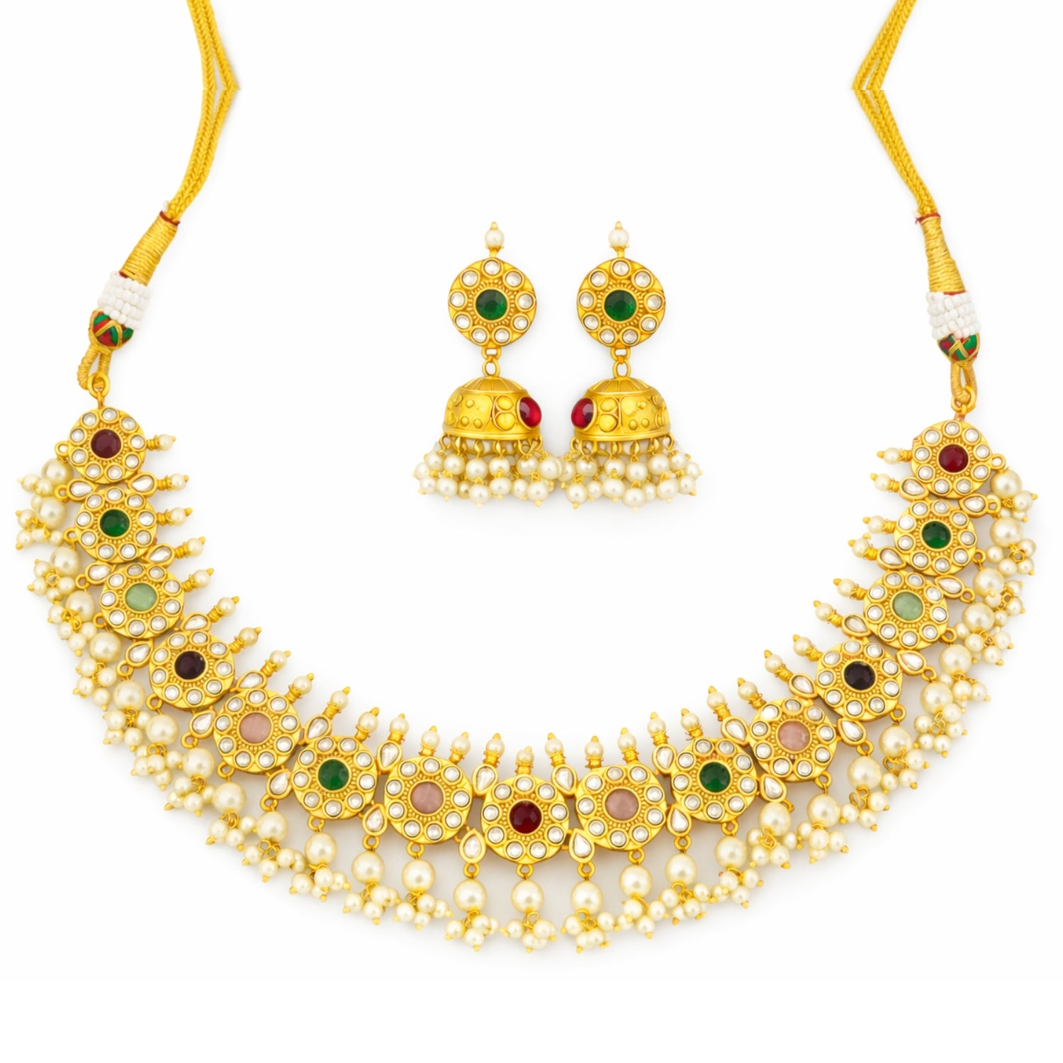 Kemp Matte Gold Polish Fancy Necklace Set for Women | Brass Metal Base with Mix Color Stone & Pearl Beads | Elegant Jewellery for Special Occasions by M&D Trends (Multi Color)