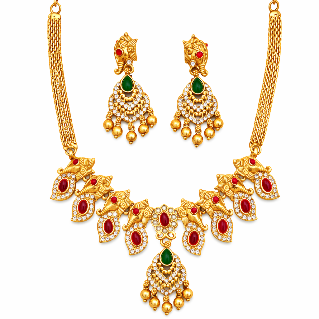 Kemp Jewellery High Gold Polish Fancy Style Necklace Set for Women | Brass Metal Base | Artificial Stones | Traditional Ethnic Jewellery