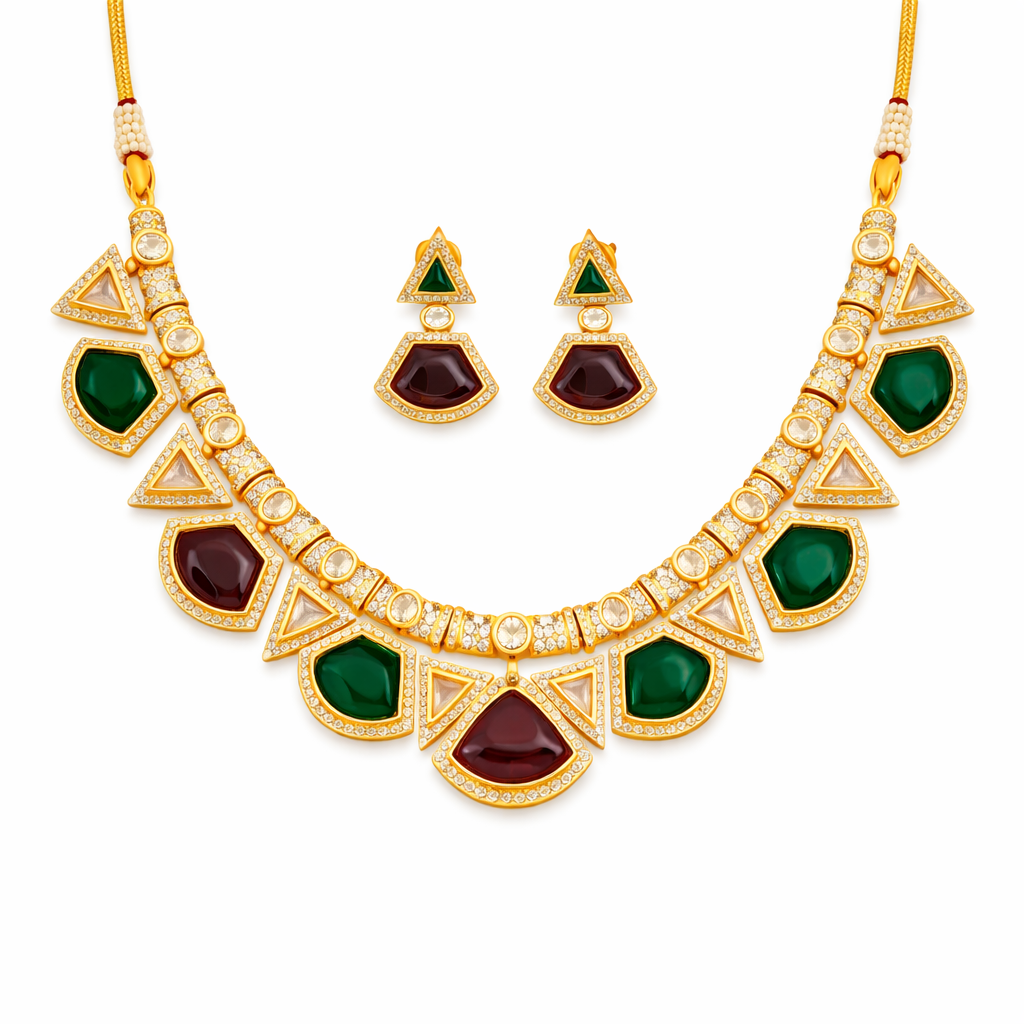 Matte Gold Polish Necklace Set for Women – Elegant Artificial Stone Jewellery with Matching Earrings | Premium Brass Metal Base | Classic & Versatile Jewellery Set by M&D Trends