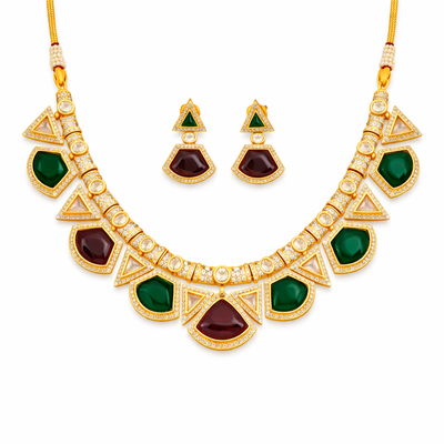 Matte Gold Polish Necklace Set for Women – Elegant Artificial Stone Jewellery with Matching Earrings | Premium Brass Metal Base | Classic & Versatile Jewellery Set by M&D Trends