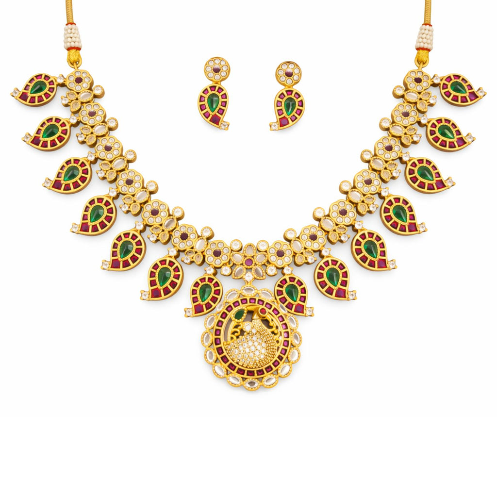 Designer Matte Gold Peacock Design Kemp Necklace Set