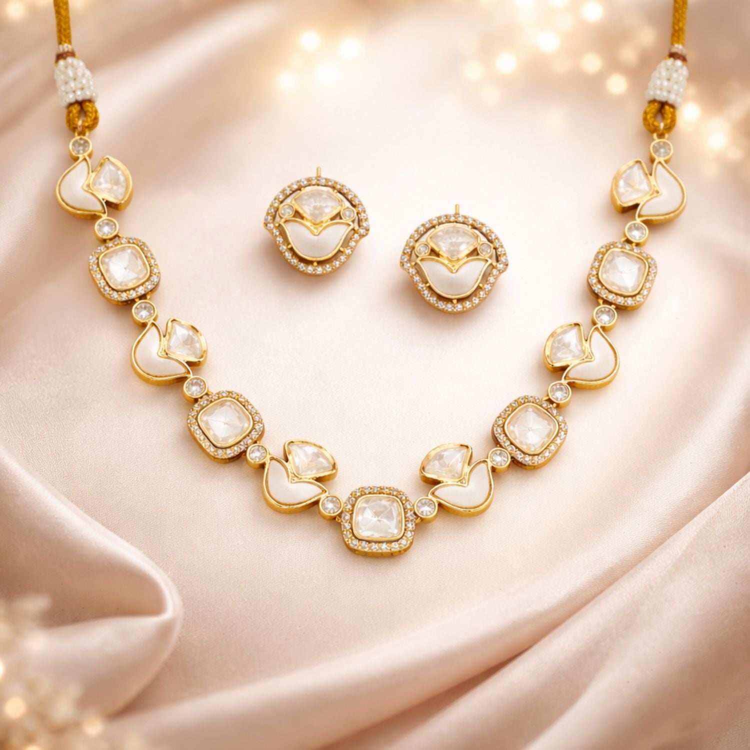 Kundan High Gold Polish Short Necklace Set for Women | Stylish Design | Brass Metal | Artificial Stones | Lightweight & Elegant