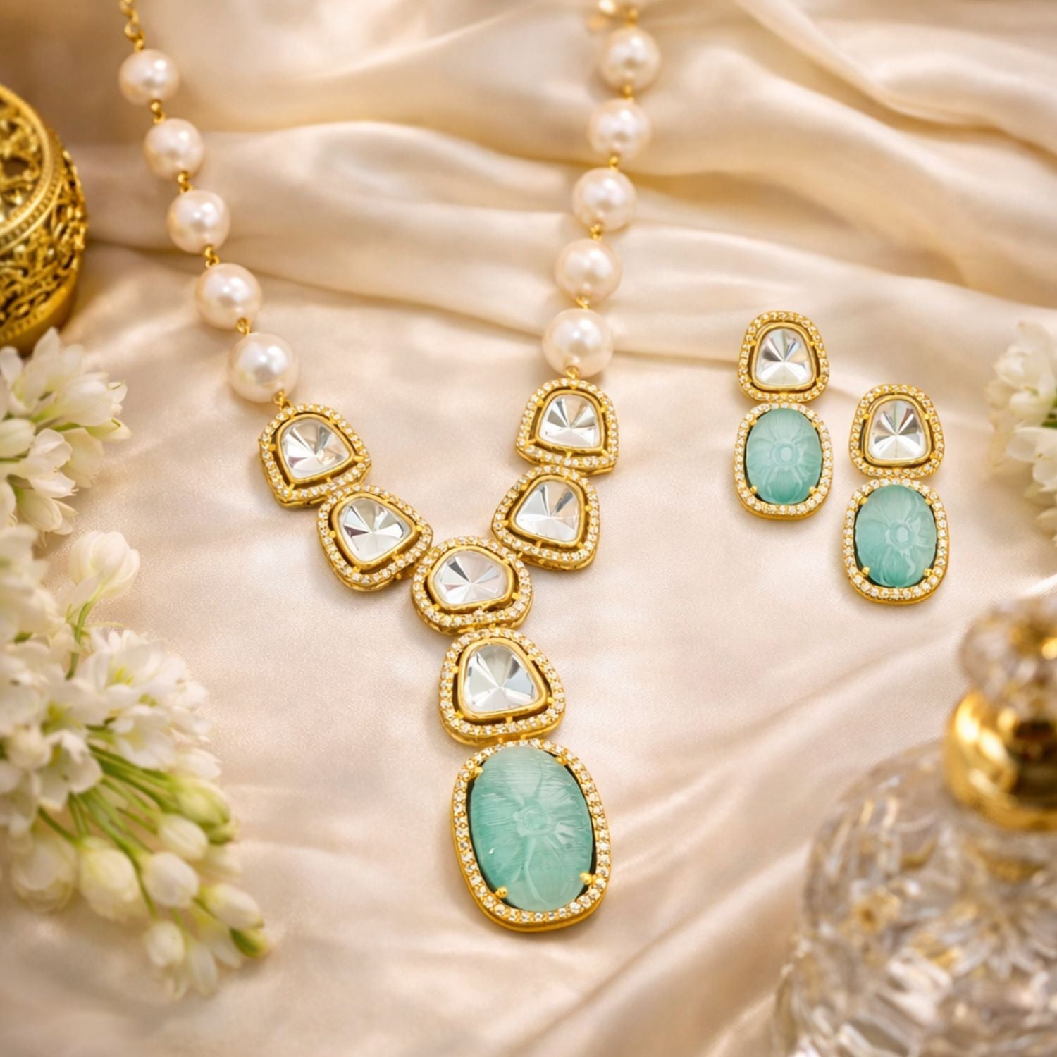 Elegant High Gold Polish Kundan Stone Necklace Set with Earrings for Women | Brass Metal Base | Artificial Beads & Stones | Perfect for Traditional and Cultural Occasions