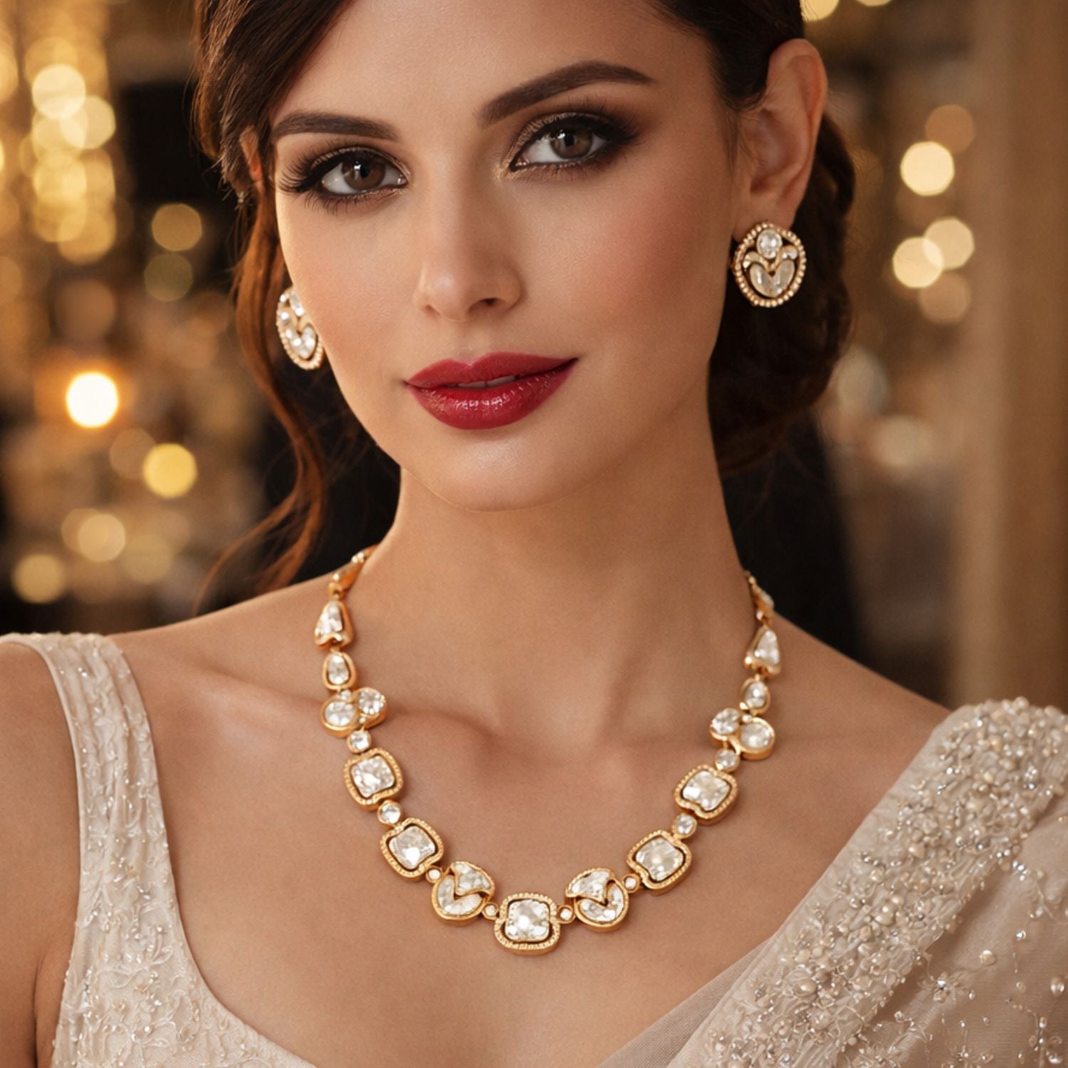 Kundan High Gold Polish Short Necklace Set for Women | Stylish Design | Brass Metal | Artificial Stones | Lightweight & Elegant