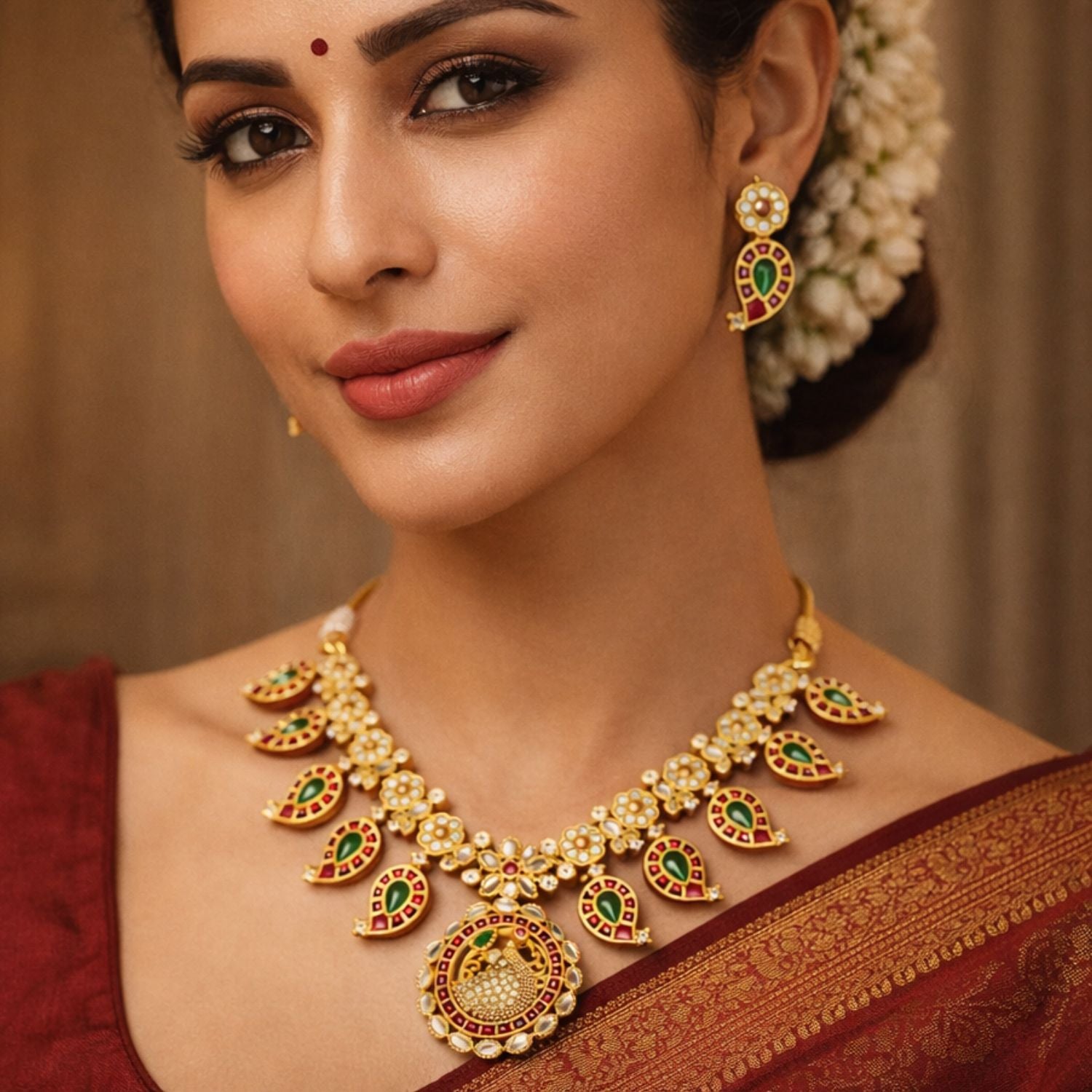 M&D Trends Designer Matte Gold Peacock Design Kemp Necklace Set