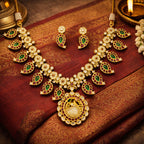 Designer Matte Gold Peacock Design Kemp Necklace Set