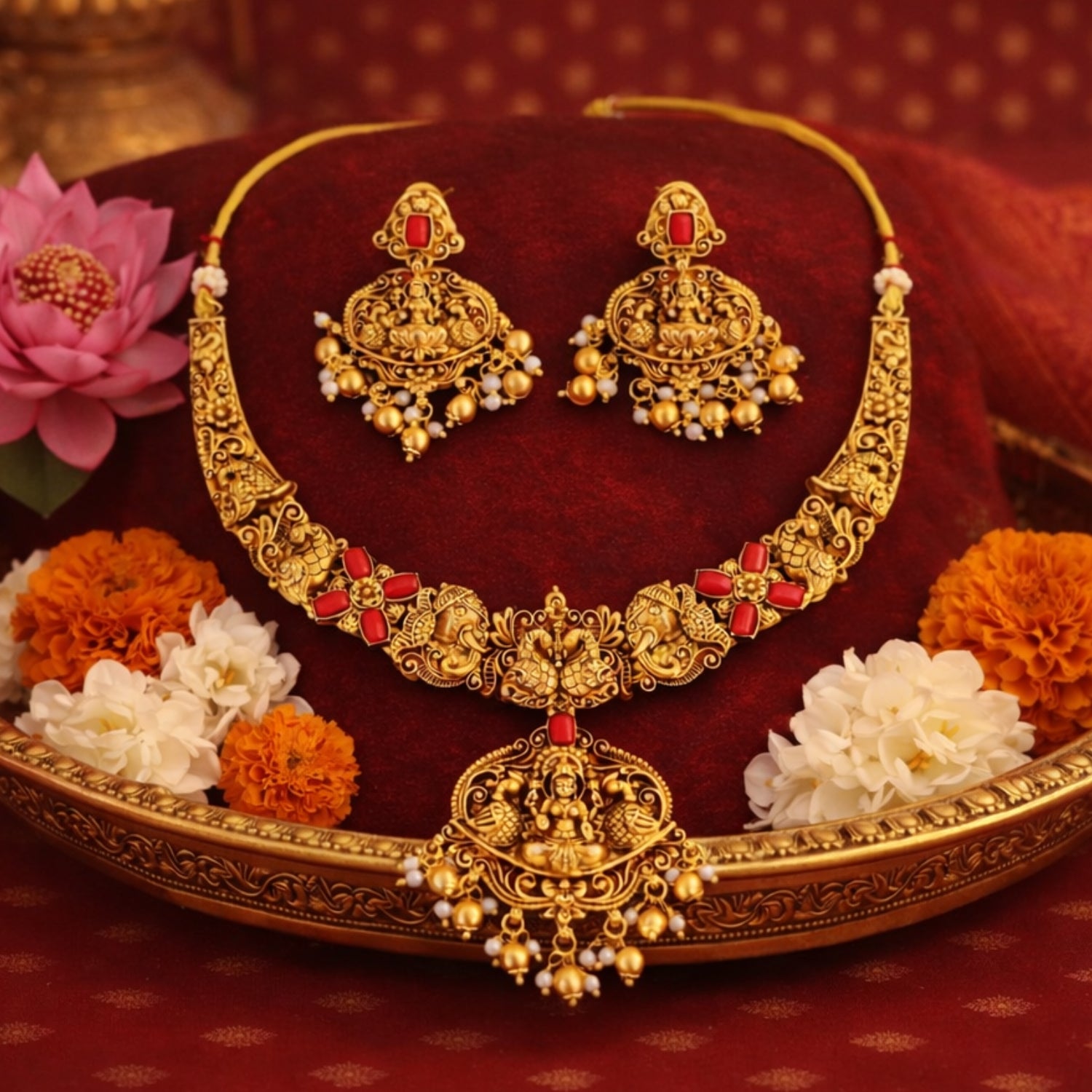 M&D Jewellery Temple Jewellery High Gold Polish Fancy Clustered Pearl Necklace Set for Women | Brass Metal Traditional Necklace Set