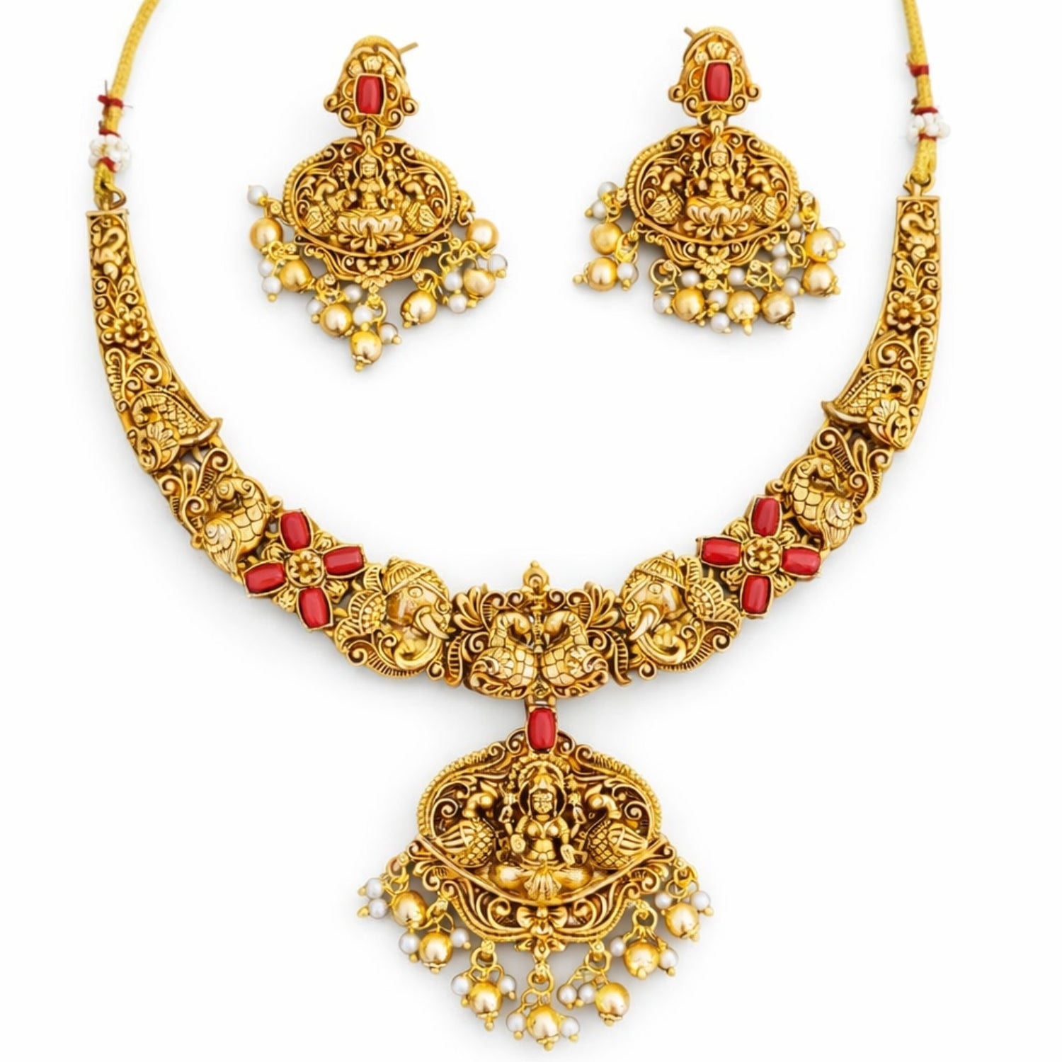 M&D Jewellery Temple Jewellery High Gold Polish Fancy Clustered Pearl Necklace Set for Women | Brass Metal Traditional Necklace Set