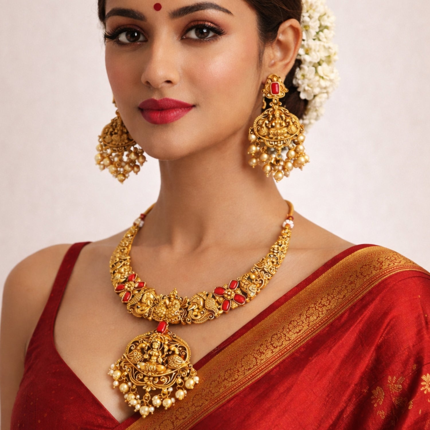 M&D Jewellery Temple Jewellery High Gold Polish Fancy Clustered Pearl Necklace Set for Women | Brass Metal Traditional Necklace Set