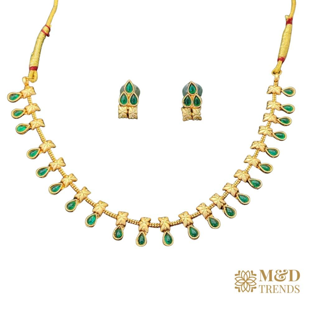 High Gold Polish Green Stone Short Necklace Set for Women | Brass Metal Base | Elegant Artificial Jewellery with Earrings by M&D Trends