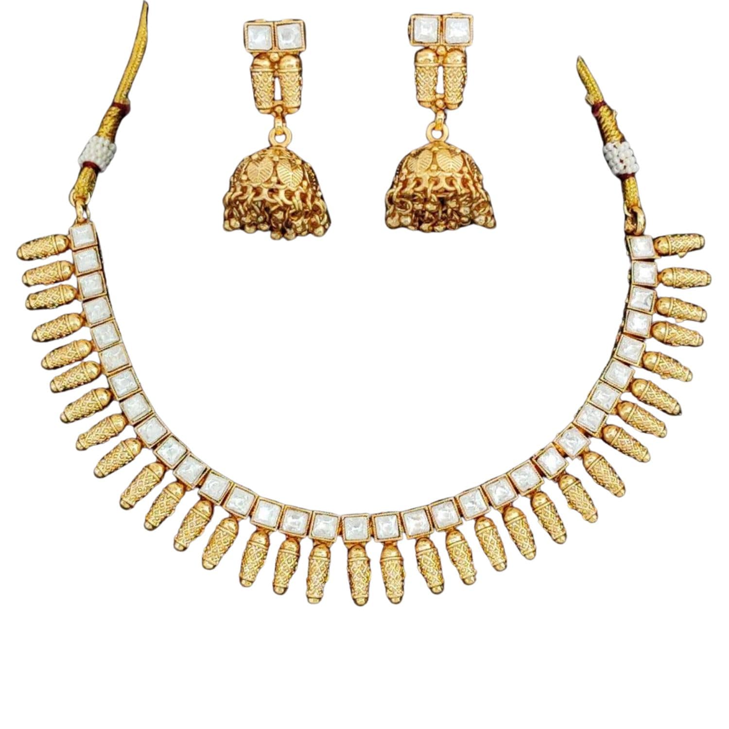 Antique Design High Gold Polish Short Necklace Set for Women | Brass Metal Fancy Jewellery with Artificial Stones