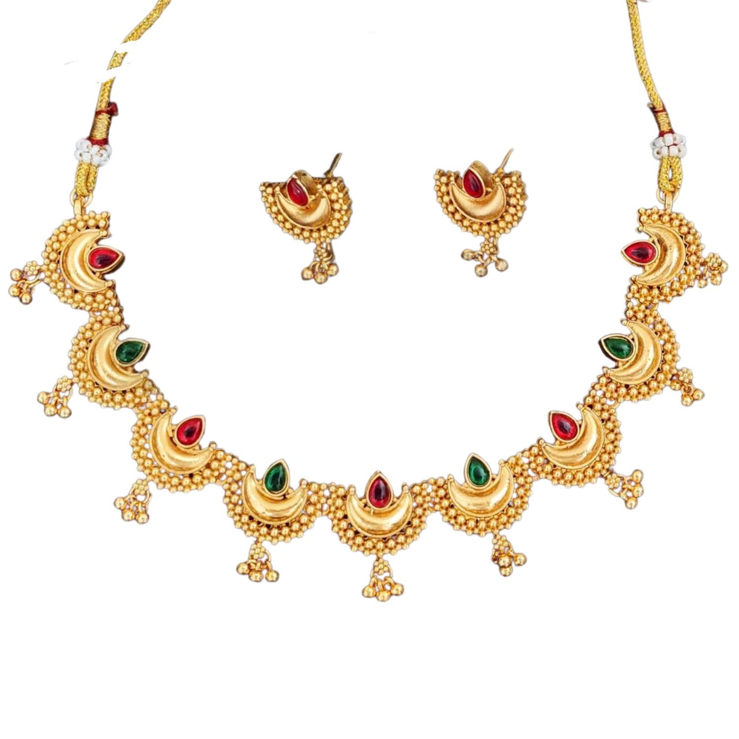 Antique Rajwadi High Gold Polish Necklace Set for Women | Brass Metal Mala Set with Red & Green Stones | Lightweight Ethnic Jewellery