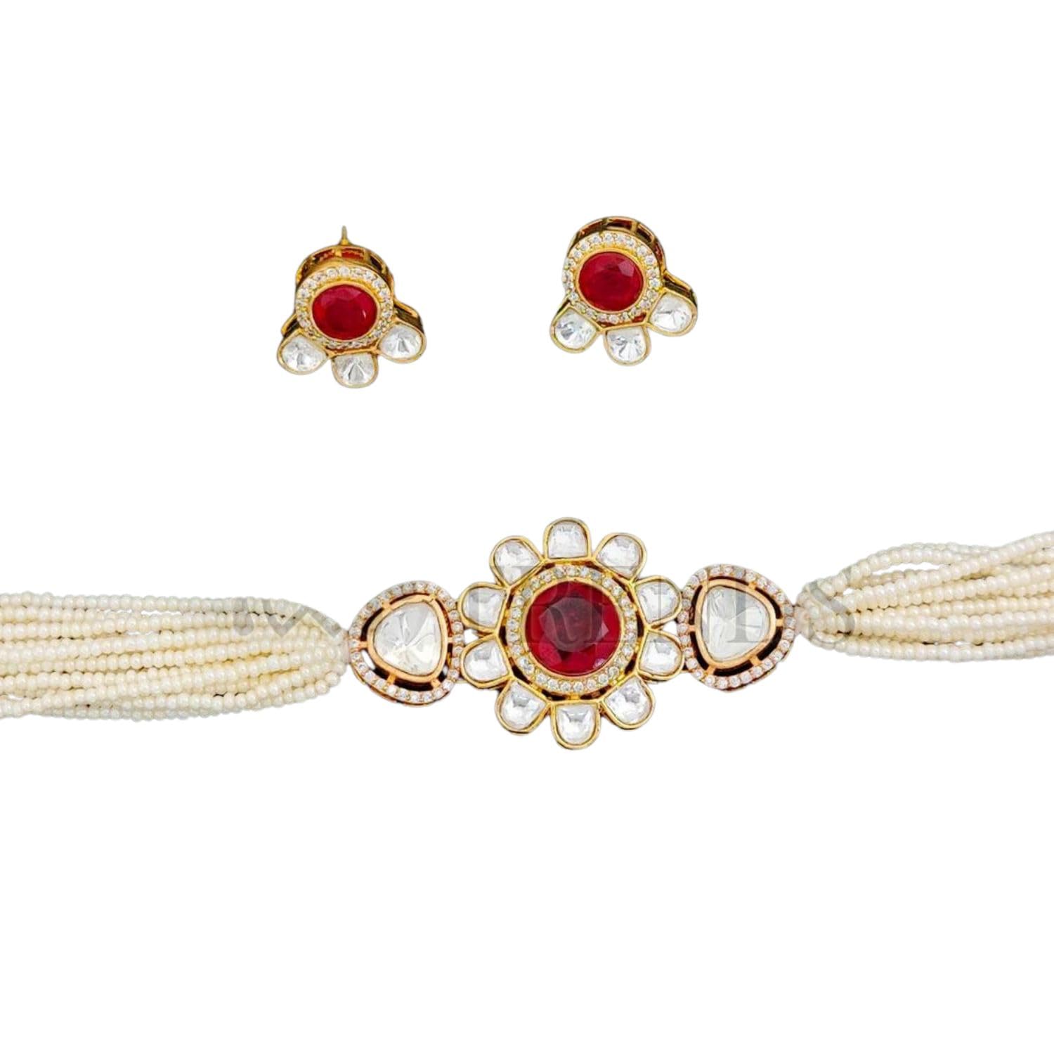 Kundan High Gold Polish Necklace Set with Earrings for Women | Artificial Stone Choker Jewelry | Brass Metal Base by M&D Trends