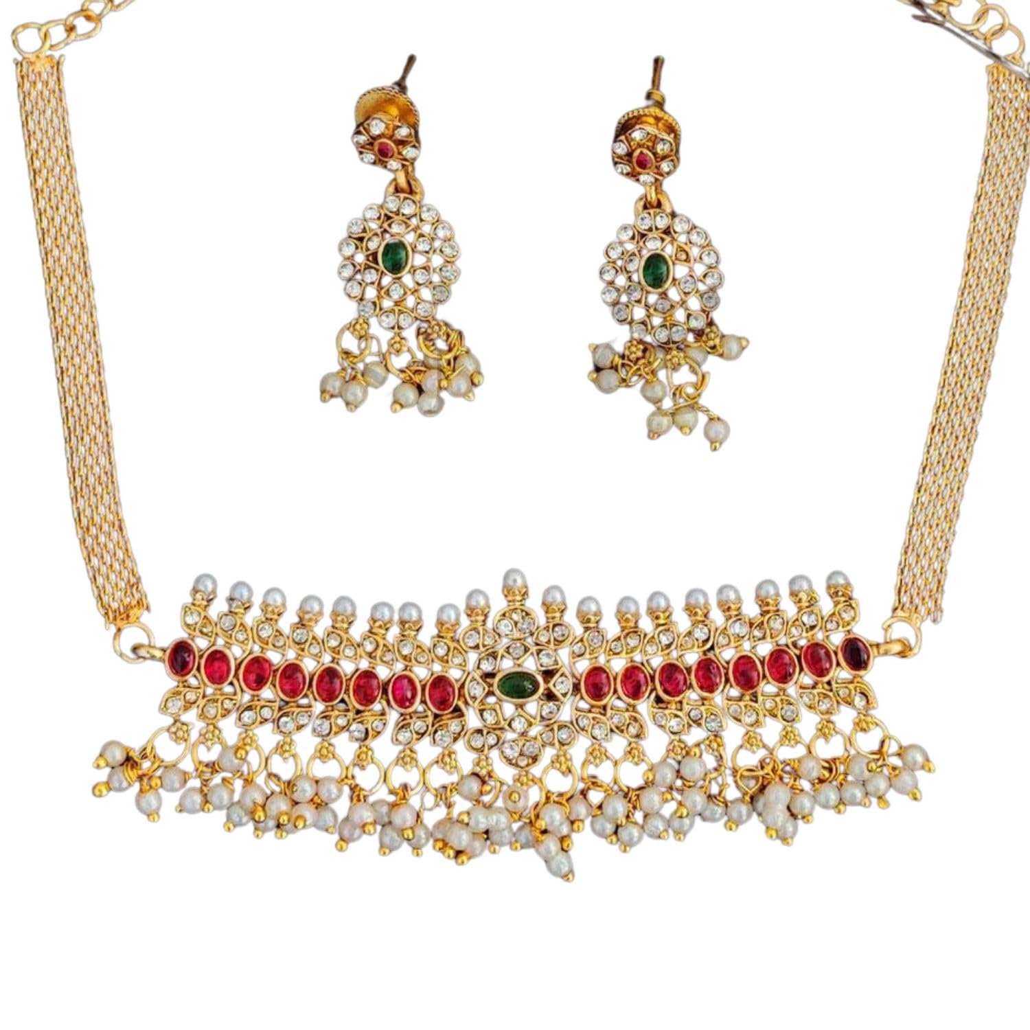 M&D Jewellery Full Stone High Gold Polish Fancy Short Necklace Set | Brass Metal Artificial Stones Jewellery