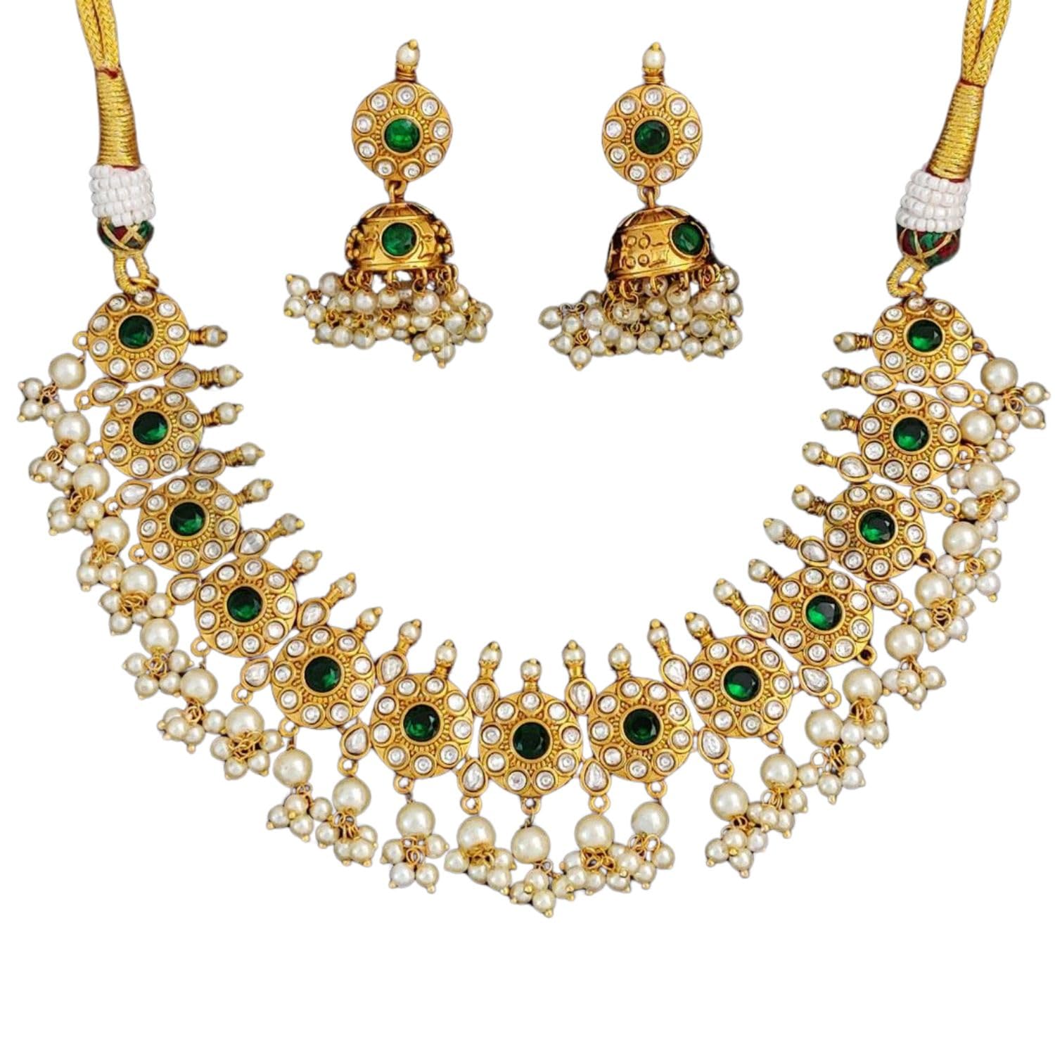 Kemp Matte Gold Polish Fancy Necklace Set for Women | Brass Metal Base with Green Stone & Pearl Beads | Elegant Jewellery for Special Occasions by M&D Trends