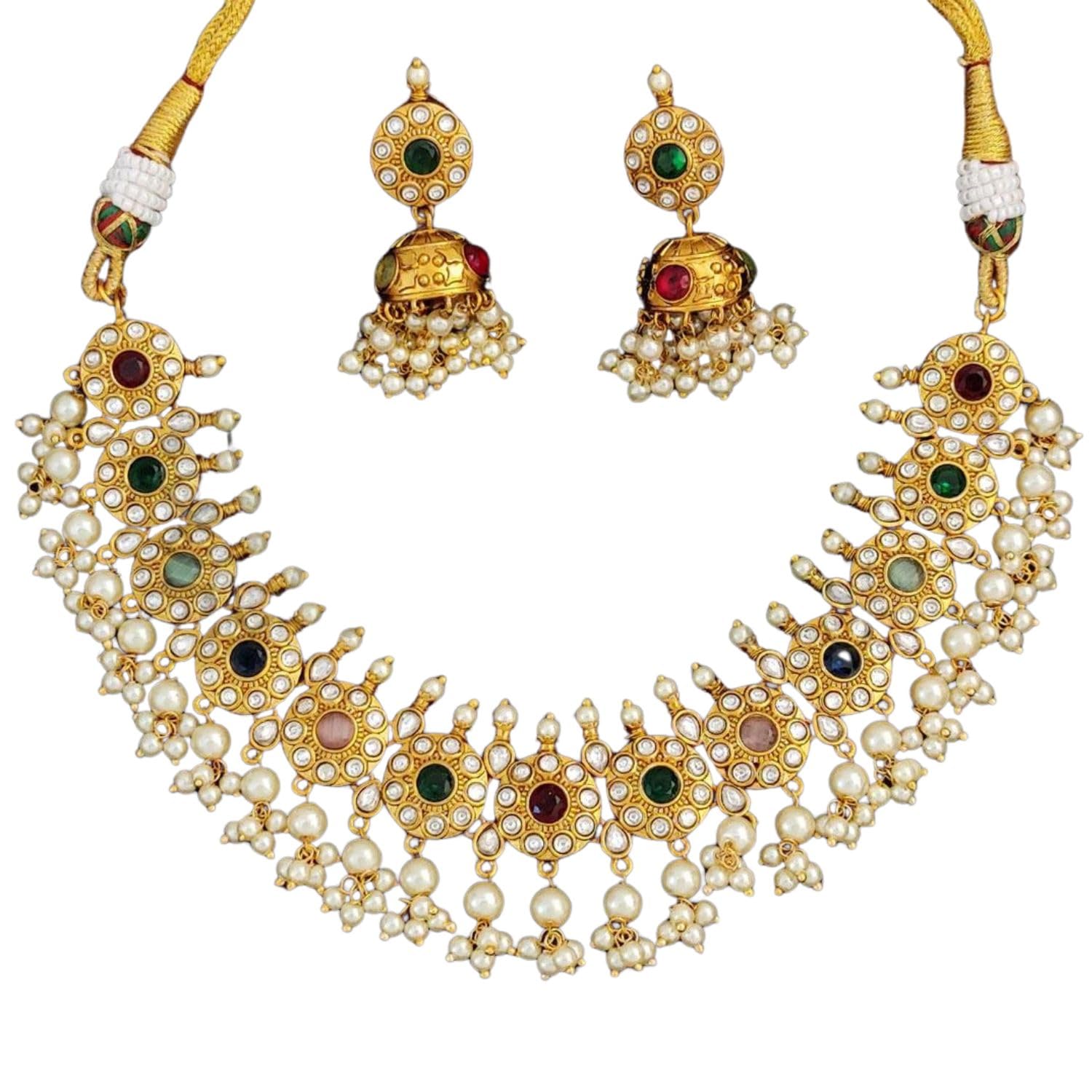 Kemp Matte Gold Polish Fancy Necklace Set for Women | Brass Metal Base with Mix Color Stone & Pearl Beads | Elegant Jewellery for Special Occasions by M&D Trends (Multi Color)