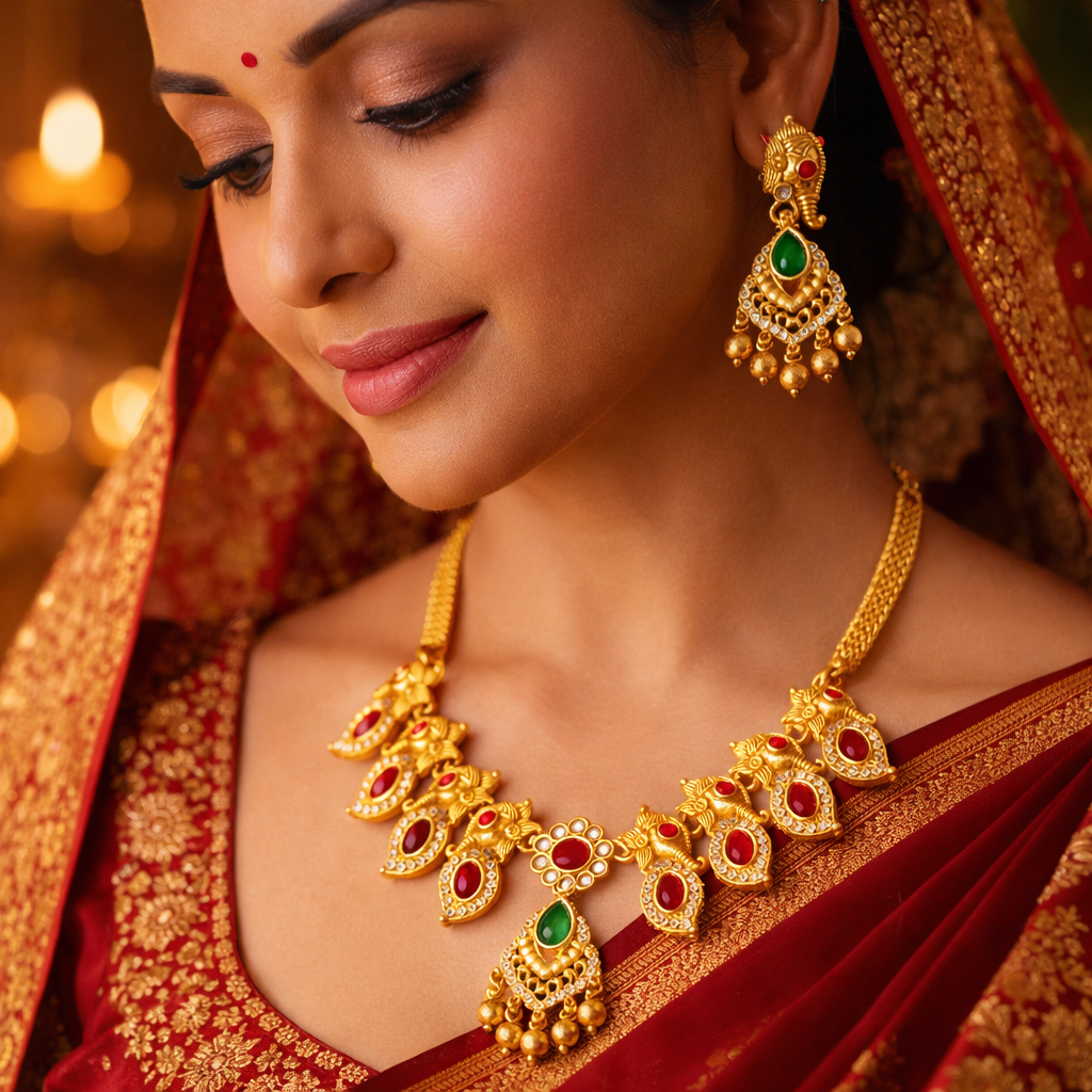 Kemp Jewellery High Gold Polish Fancy Style Necklace Set for Women | Brass Metal Base | Artificial Stones | Traditional Ethnic Jewellery