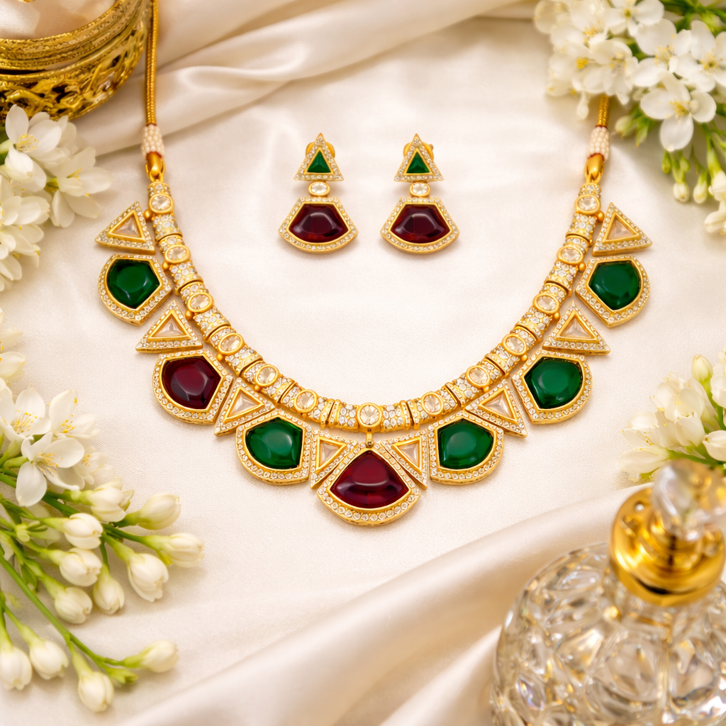 Matte Gold Polish Necklace Set for Women – Elegant Artificial Stone Jewellery with Matching Earrings | Premium Brass Metal Base | Classic & Versatile Jewellery Set by M&D Trends