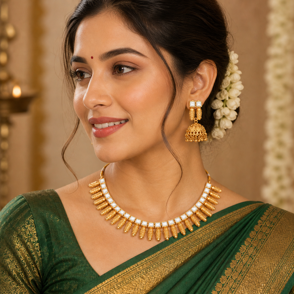 Antique Design High Gold Polish Short Necklace Set for Women