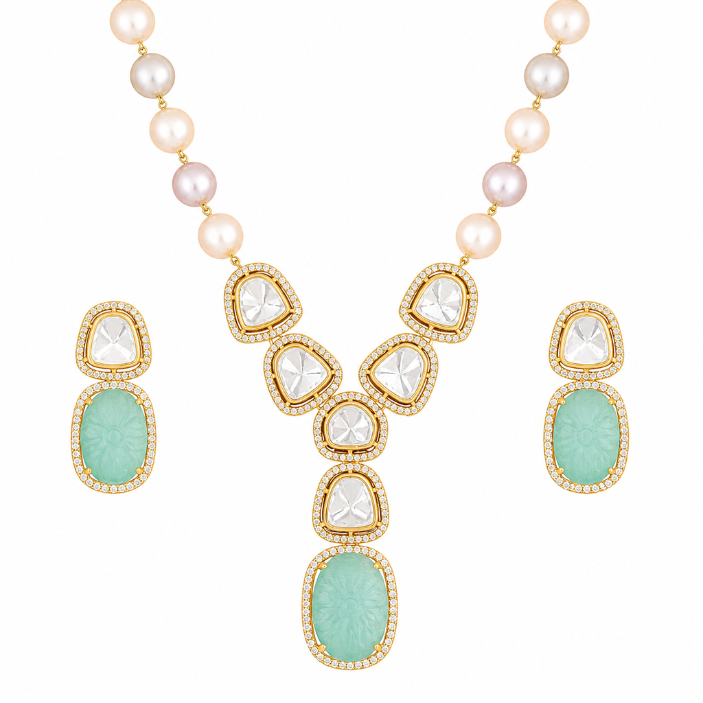 Elegant High Gold Polish Kundan Stone Necklace Set with Earrings for Women