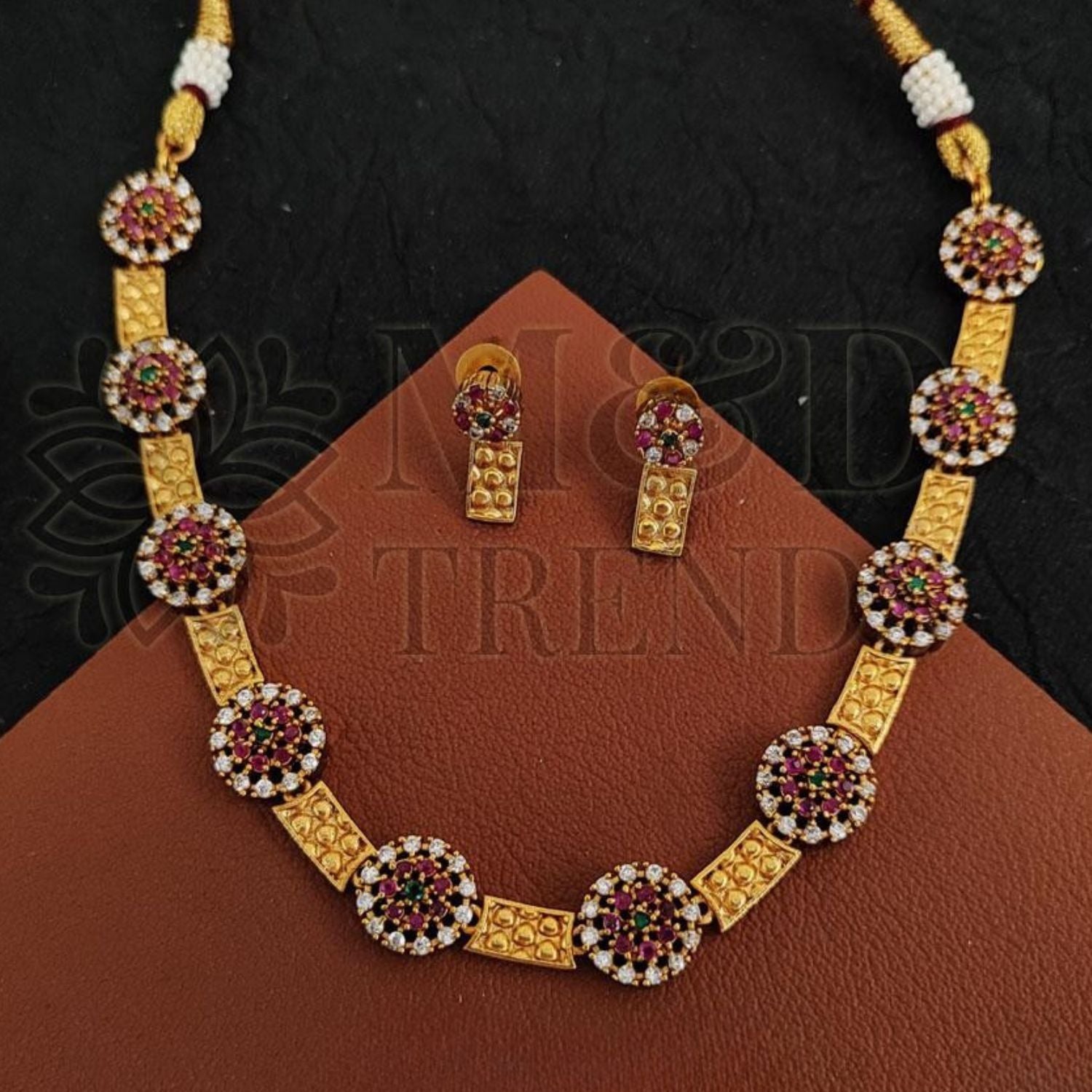 Designer Fancy Style Kemp Design Short Necklace Set | Matte Gold Polish Jewellery | Brass Metal Necklace Set