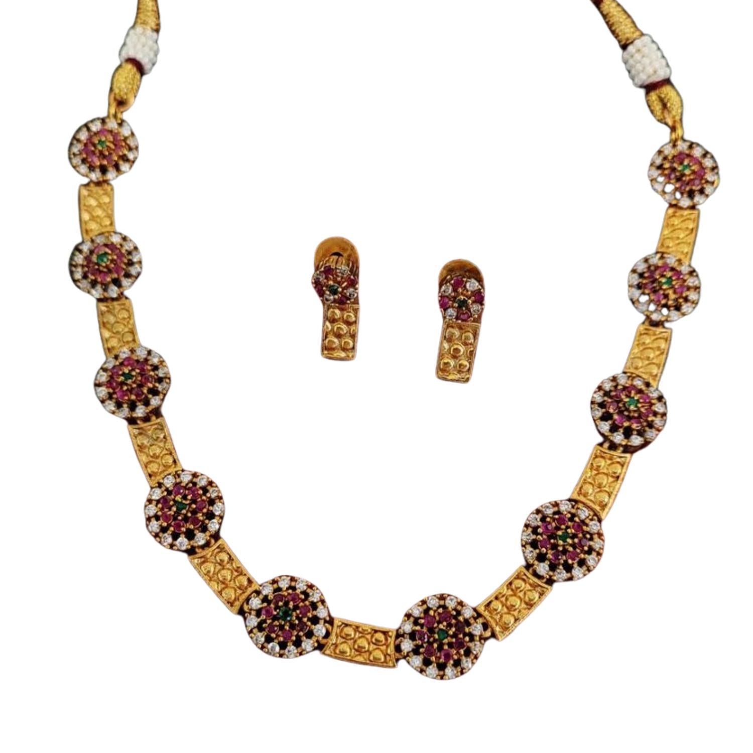 Designer Fancy Style Kemp Design Short Necklace Set | Matte Gold Polish Jewellery | Brass Metal Necklace Set