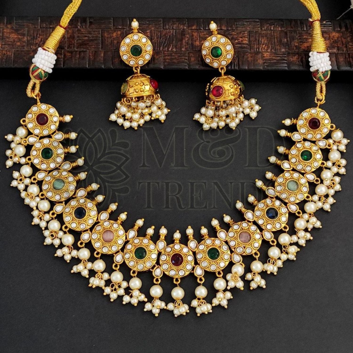 Kemp Matte Gold Polish Fancy Necklace Set for Women | Brass Metal Base with Mix Color Stone & Pearl Beads | Elegant Jewellery for Special Occasions by M&D Trends