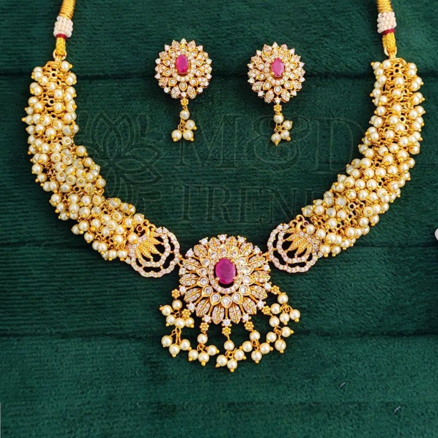 Matte Gold Polish Pearl & Stone Necklace Set for Women | Elegant Brass Metal Jewelry with Earrings | Perfect for Festive, Wedding & Ethnic Occasions by M&D Trends