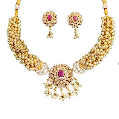 Matte Gold Polish Pearl & Stone Necklace Set for Women | Elegant Brass Metal Jewelry with Earrings | Perfect for Festive, Wedding & Ethnic Occasions by M&D Trends