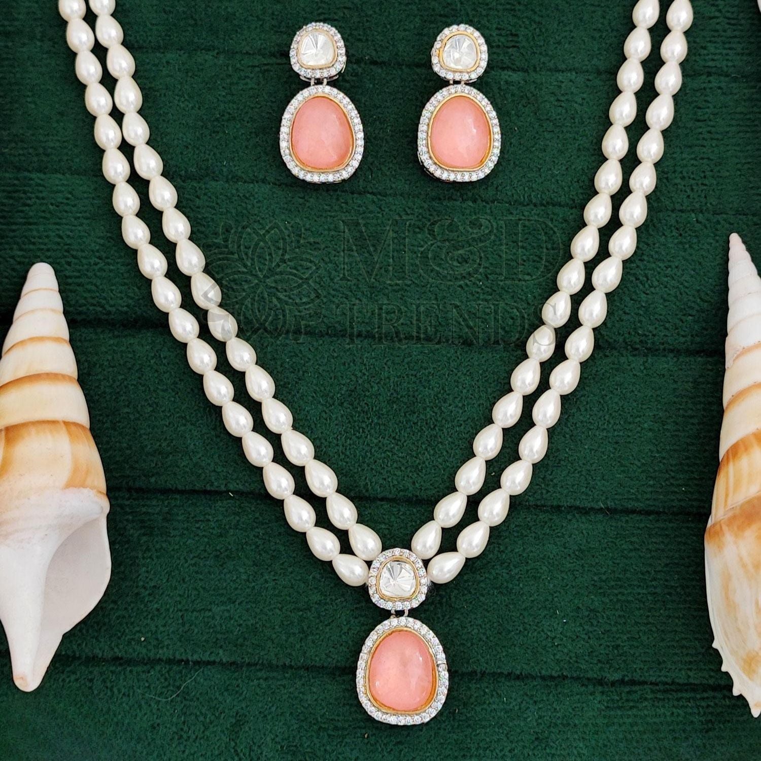 M&D Jewellery Kundan Design White Rodium Polish Short Necklace Set with Matching Earrings | Brass Metal Jewellery Set