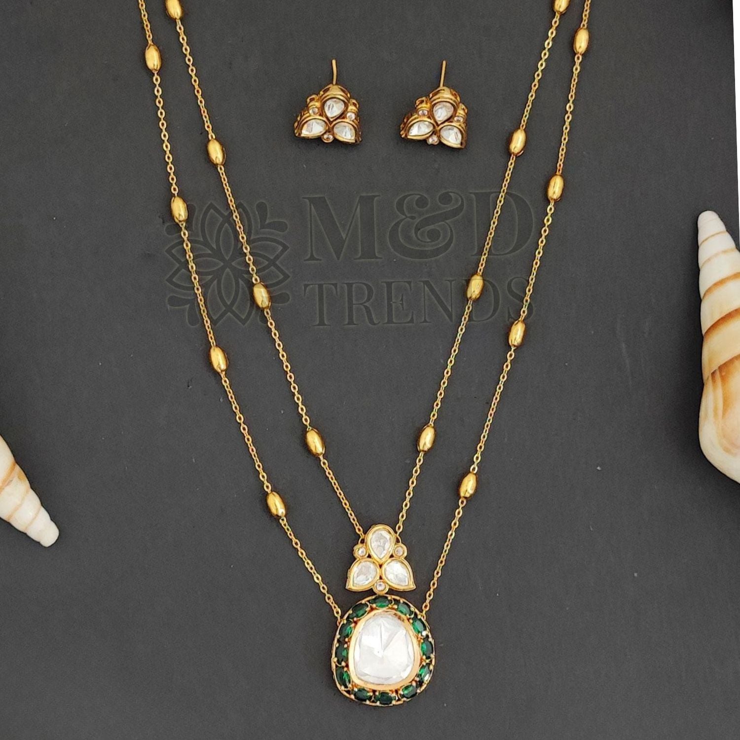 M&D Jewellery Kundan Full Stone High Gold Polish Pendant Set with Long Chain and Earrings | Brass & Copper Metal