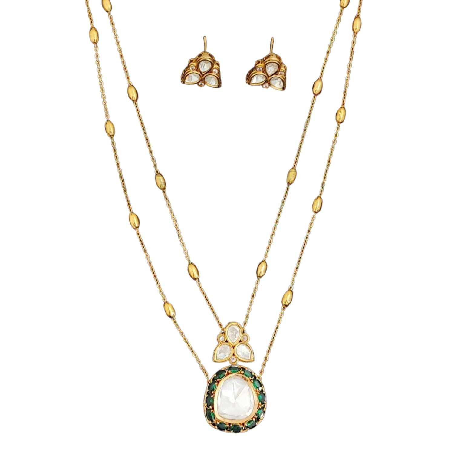 M&D Jewellery Kundan Full Stone High Gold Polish Pendant Set with Long Chain and Earrings | Brass & Copper Metal