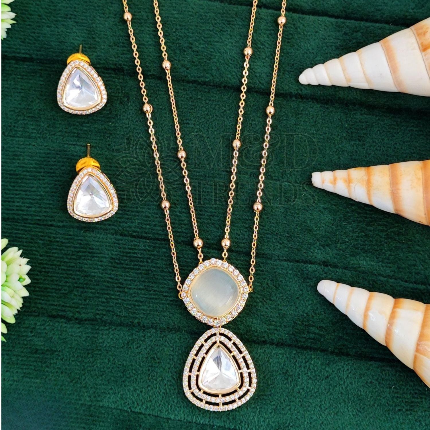 Kundan Full Stone White Rhodium Polish Pendant Set for Women | Brass Metal Jewellery with Artificial Stones | Necklace with Earrings