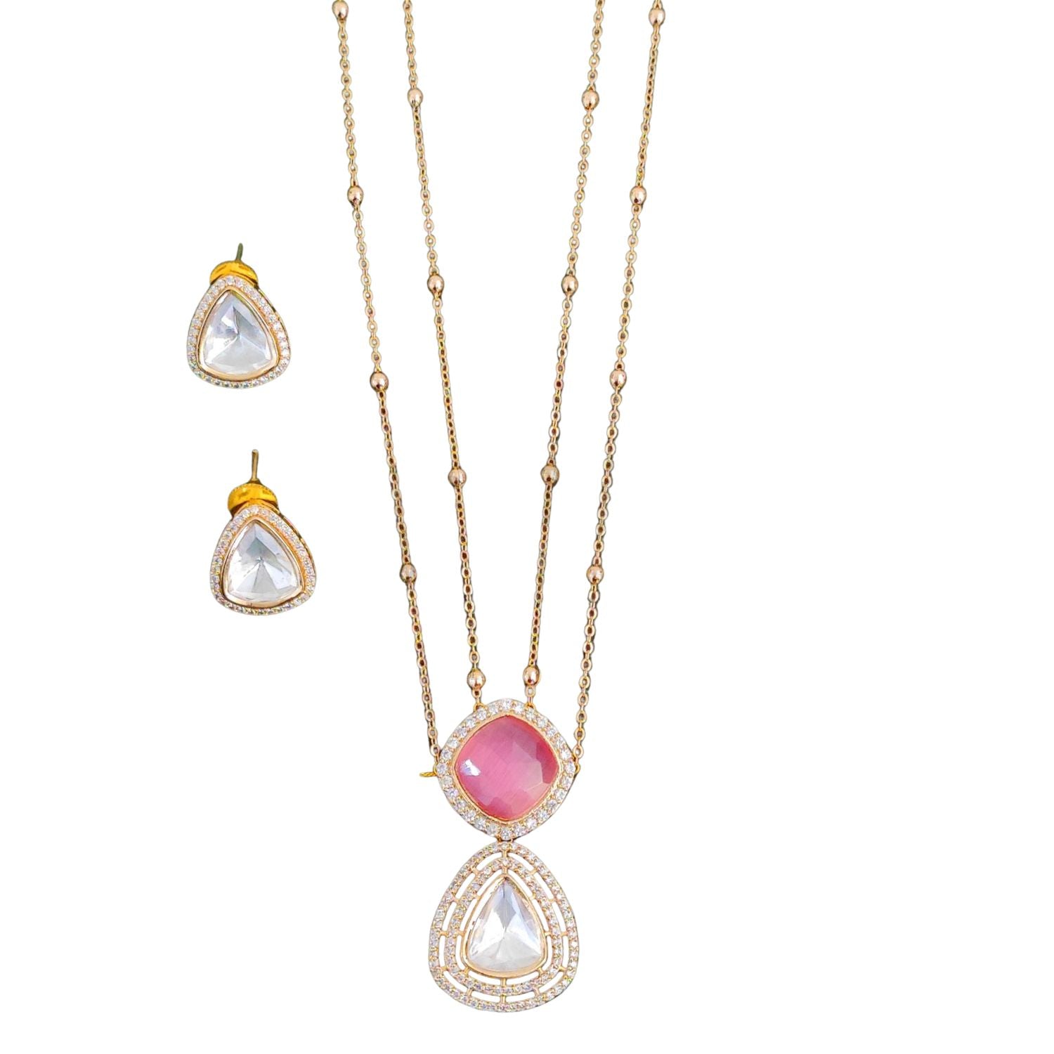 Kundan Full Stone Rose Rhodium Polish Pendant Set for Women | Brass Metal Jewellery with Artificial Stones | Necklace with Earrings