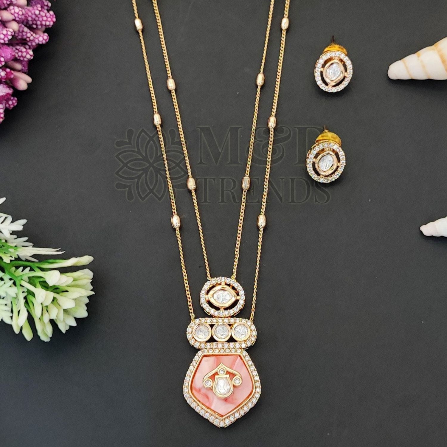 Kundan Design High Gold Polish Orange Pendant Set for Women | Brass Metal Base | Traditional Pendant with Artificial Stones | Lightweight Jewellery