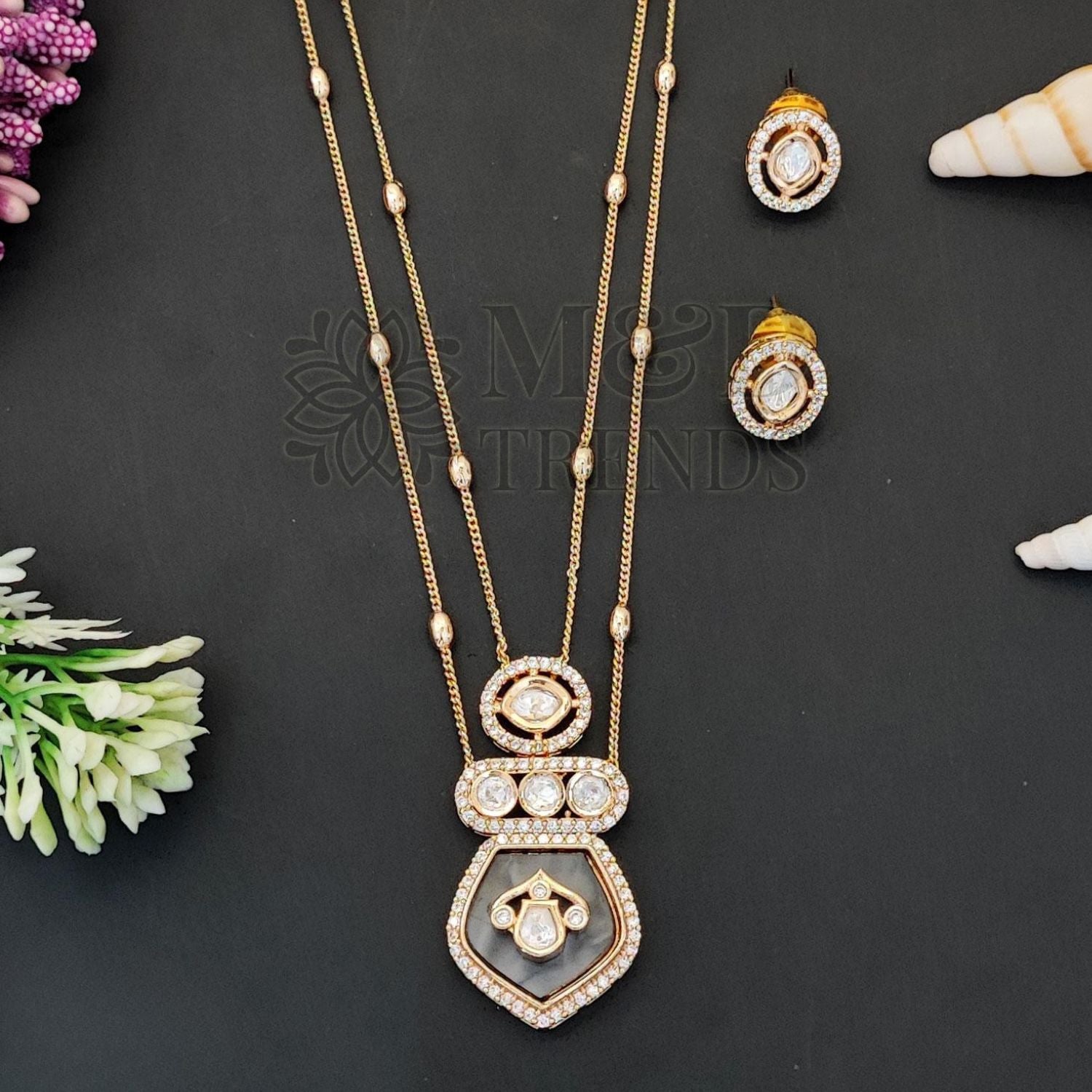 Kundan Design High Gold Polish Grey Pendant Set for Women | Brass Metal Base | Traditional Pendant with Artificial Stones | Lightweight Jewellery