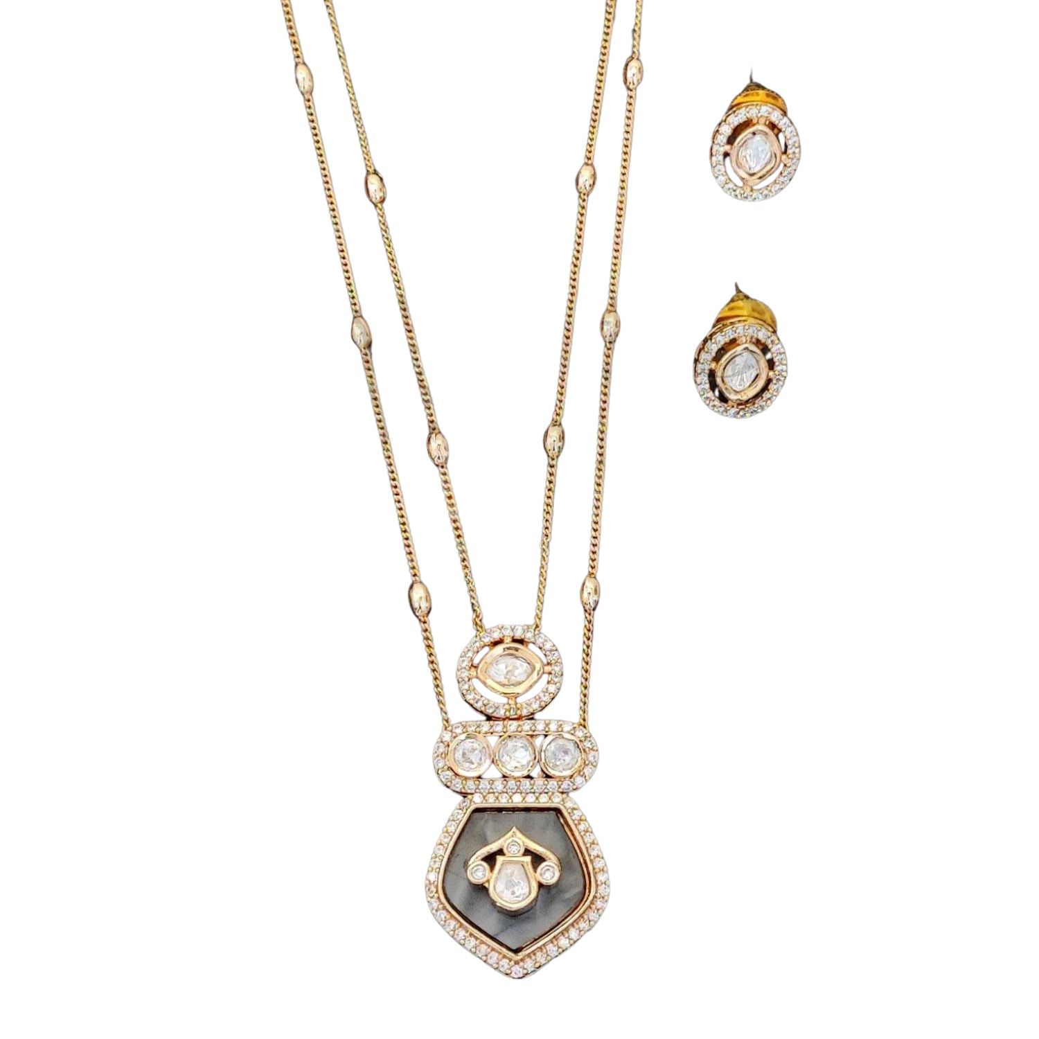 Kundan Design High Gold Polish Grey Pendant Set for Women | Brass Metal Base | Traditional Pendant with Artificial Stones | Lightweight Jewellery