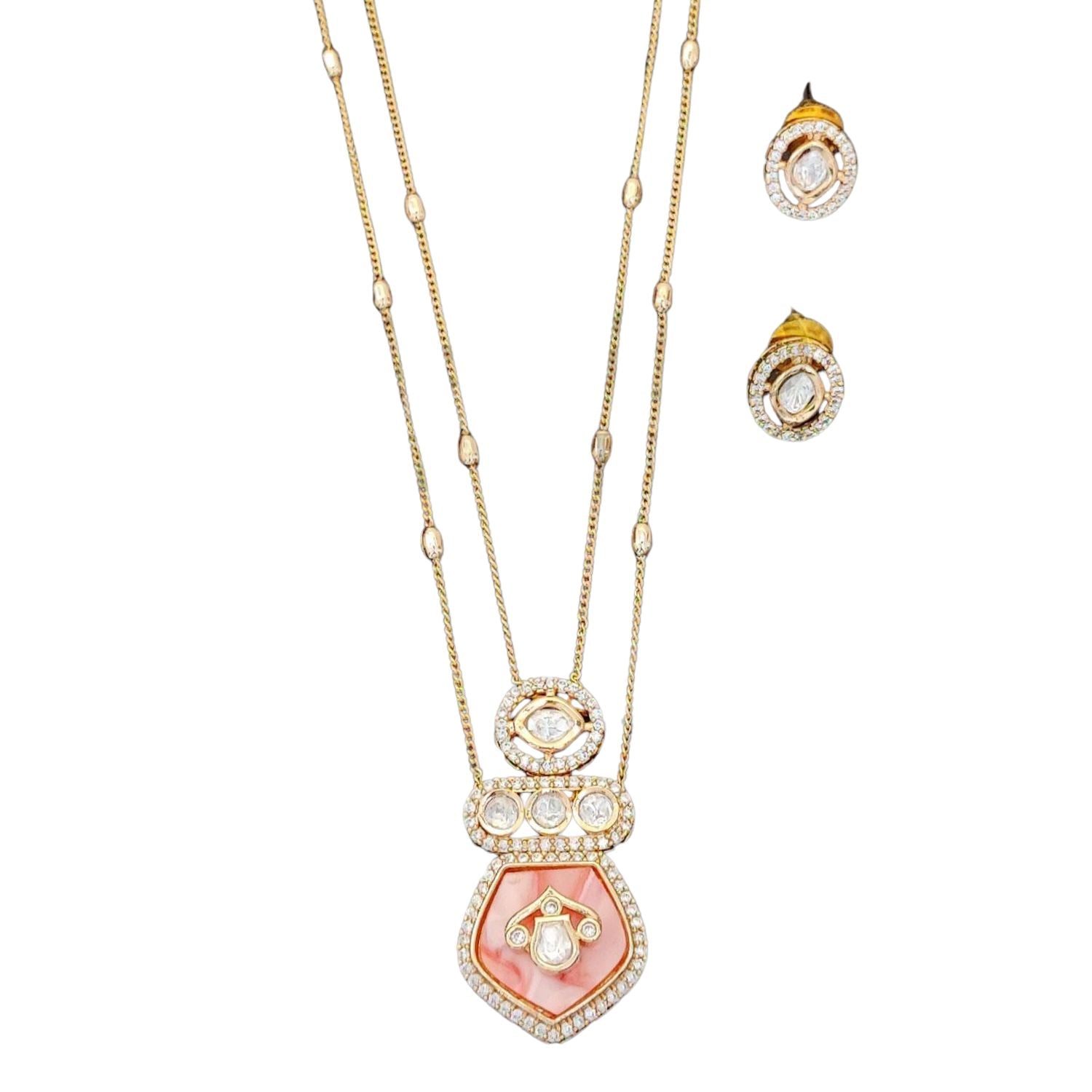 Kundan Design High Gold Polish Orange Pendant Set for Women | Brass Metal Base | Traditional Pendant with Artificial Stones | Lightweight Jewellery